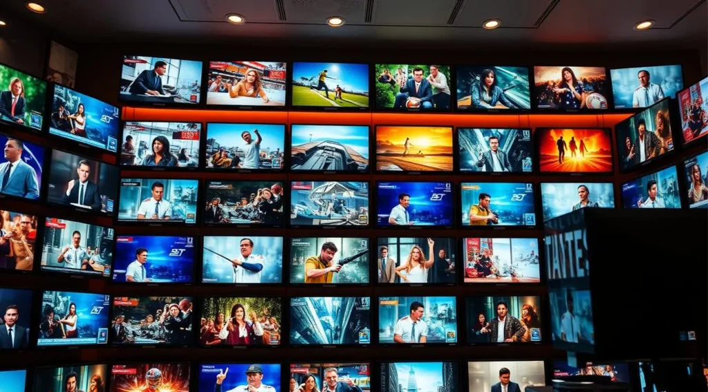 Modernes digitales Studio mit großem gebogenen Bildschirm, der verschiedene IPTV-Dienste und TV-Sender zeigt.