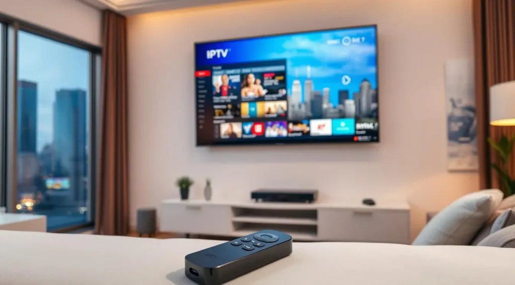 die die besten IPTV-Dienste oder IPTV-Anbieter zeigt, mit Symbolen für Streaming, Fernsehen und digitale Medien